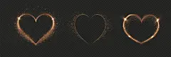 图源免费EPS |在透明背景上孤立的带有闪光的心形金饰。用于节日贺卡、横幅、邀请函的光之心。心形金线发光。PNG 图像