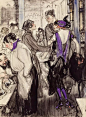 来自美国插画家Henry Patrick Raleigh (1880-1944) 
他是黄金时代最杰出的插画家之一
作者用重复的线条、随性粗犷的涂鸦方式
记录上流社会的男男女女纸醉金迷的情景