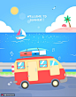 自驾海滨度假帆船音乐小岛夏季插画旅游出行素材下载-优图网-UPPSD