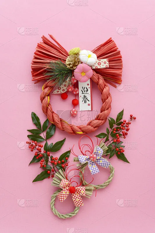 注连绳,绳子,日本之神道教,粉色背景,花环,垂直画幅,无人,日本,彩色背景,新年素材-花瓣网