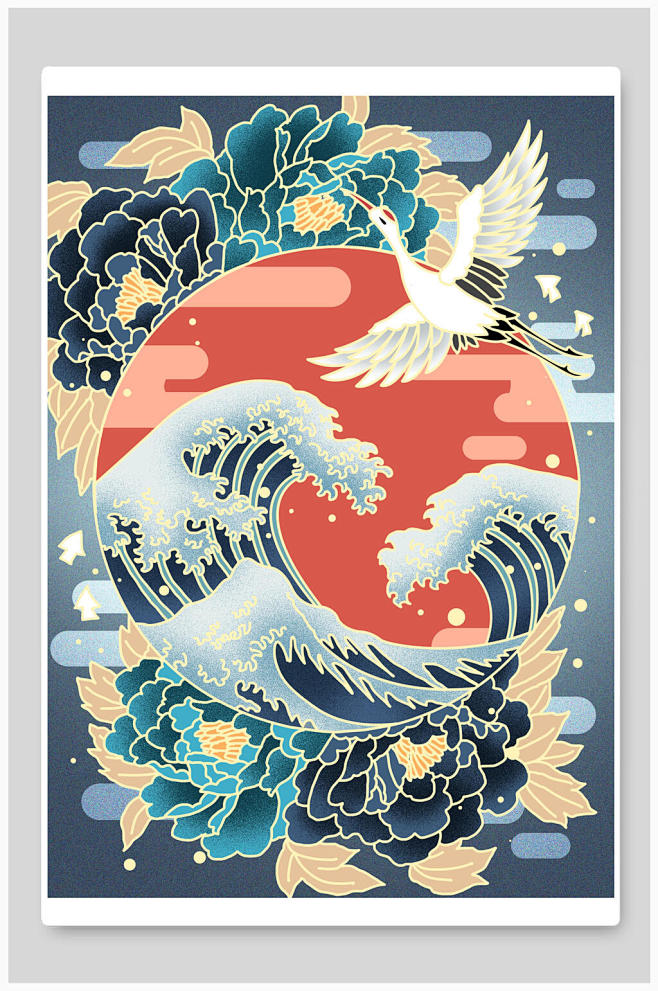 国潮海浪大雁插画素材