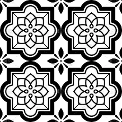 矢量瓷砖图案，里斯本花卉马赛克集，地中海无缝黑白点缀