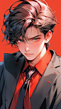 masterpiece,best quality,1boy,necktie,suit,close-up,,((red_background)),bright red,outline,handheld broadsword,((illustration)),evil,,danjue,dark aesthetics,