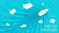 蓝色的大海和晴朗的天空与游艇顶视图。纸艺术设计。向量模板