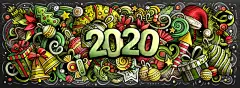 2020,乱画,水平画幅,新年前夕,绘画插图,组物体,天气,线条,贺卡