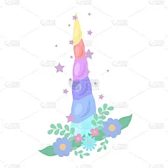 儿童插图的彩色独角兽角与花环的花和星星火花在白色的背景。彩虹装饰。矢量卡通平面绘图