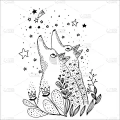 两只狼看着星星。 海报和卡片的黑白插图
