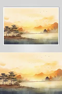 AI数字艺术水墨风秋天秋季自然风景插画