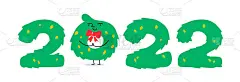编号为2022。绿树成荫。在中心是一个圣诞花环。一个戴着领结的可爱人物正在微笑。感人的明信片、横幅、