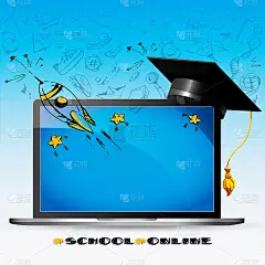 回学校!笔记本电脑与屏幕和手绘的抽象彩色背景。创意海报或横幅