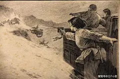 《渡江侦察记》
飞驰卡车上射击敌人，看摩托车坠入山崖，精彩刺激。年代久远，原稿上已有不少霉斑。《渡江》连环画也被多次再版，目前只有张雷出的“黄大渡”最接近原稿水平。