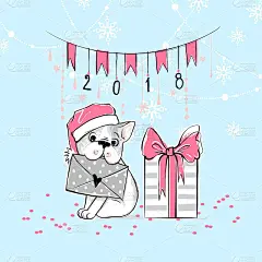 圣诞快乐插图与有趣的狗。手绘矢量法国斗牛犬小狗和礼盒。新年快乐收藏。冬天的设计。节日快乐模板。卡通动