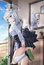 Anime 1302x1920 anime anime girls white hair Blue Archive Shiroko (Blue Archive) vertical schoolgirl school uniform reflection fox girl fox ears tie blushing mirror shoes