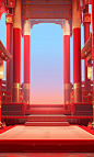 An asian palace with a red stage, in the style of minimalist backgrounds, colorful moebius, 8k 3d, romantic illustrations, richly detailed backgrounds, confessional, outdoor scenes