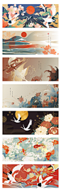 中国风素材传统背景古风插图仙鹤浪花樱花国风素材矢量