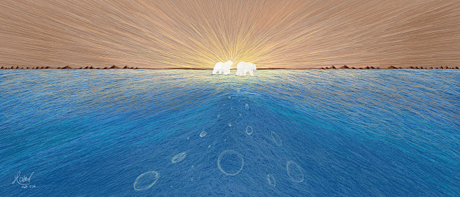 地球上最后两只北极熊，慢慢穿过温䁔的日出...