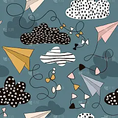 纸飞机和云的无缝图案。手绘创意儿童背景。矢量图