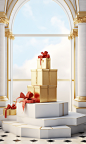 Skin care photo shooting, windows, stairs, chessboard floor, gift box, white, gold border, gold balloon, red ribbon embellishment, elaborate design, simple style, promotional posters, focusing on products, central composition, commercial poster style, smo