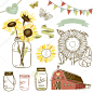 Glass Jars, sunflowers, ribbons, bunting, butterflies and cute rustic barn. Ideal for wedding invitations and Save the Date invitations