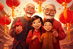 新年一家人温馨手绘插画