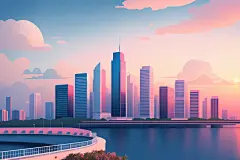 梦幻现代科技城市剪影扁平插画图片