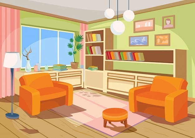 一个温馨的室内，客厅的卡通内部的矢量插图
