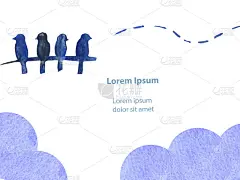 抽象的蓝鸟在早午餐上。抽象的数字和云彩和lorem ipsum，水彩插图的名片，横幅和标志。极简主义