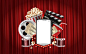 Watch movies online through 3d glasses, soft drinks with popcorn and film-strip cinematography concept Eps10 Realistic Vector Illustration