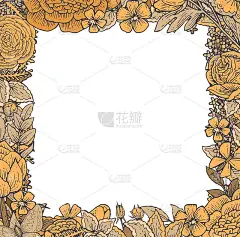 牡丹,玫瑰,花朵。方形框架。背景说明。手绘轮廓。园林植物的开花抽象工厂图片。向量