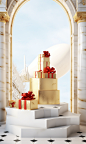 Skin care photo shooting, windows, stairs, chessboard floor, gift box, white, gold border, gold balloon, red ribbon embellishment, elaborate design, simple style, promotional posters, focusing on products, central composition, commercial poster style, smo