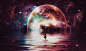 General 2560x1514 Moon water glowing stars colorful warm colors women Photoshop