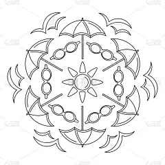 曼荼罗儿童涂色书。在海边度假。夏日涂色书与太阳镜，雨伞和海鸥鸟。