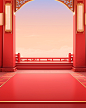 Red floor background with golden frame and chinese temple, in the style of soft, romantic landscapes, physically based rendering, vibrant stage backdrops, light red and white, superflat, detailed marine views, soft gradients