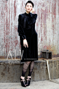 设计师品牌ALY原创设计春款黑色韩国丝绒真丝拼接复古连衣裙