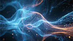 深蓝哑光质感背景上流动着琥珀色粒子光束，不规则曲线星云采用流体动力学形态，4K超清壁纸，极简主义留白布局带来空间呼吸感