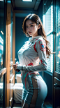  1girl,Future style gel coat,Future Combat Suit,bodysuit,brown hair,building,cyberpunk,Girl's posture,Clothing with multiple light sources,Upper body,Above the knee,Future Technology Space Station,Lateral body,indoor,Glowing Clothing,helmet removed,hood,l