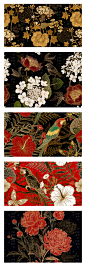 手绘美式复古花卉植物花鸟插画矢量AI背景图包装面料底纹素材 (1)