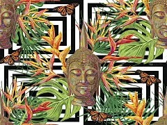 无缝的嬉皮图案，佛头，棕榈叶，花，蝴蝶。印度深奥的矢量插图背景完美的壁纸，图案填充，网页，表面纹理，