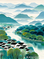 平面设计海报，乌镇，景深构图，超广角镜头，震撼，远处的群山，倒影，轻纱般的薄雾，云雾，山脚一条大河，河对岸为白墙黛瓦、江南水乡，民宅，高大茂密的树木遮盖部分房子