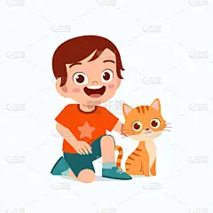 快乐可爱的小男孩和宠物猫玩耍