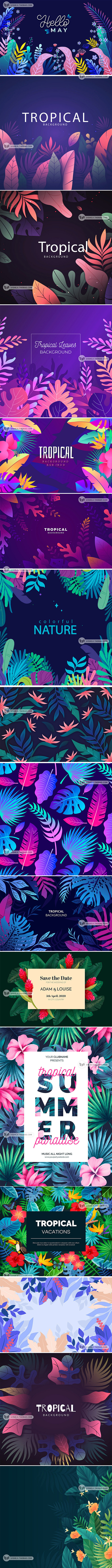 夏季热带雨林植物树叶插画包装海报背景图案...