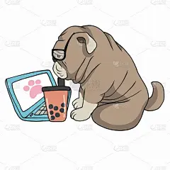 在家工作法国斗牛犬用笔记本电脑和喝冰泡奶茶卡通矢量插图