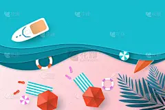 矢量纸艺术和风景,数码工艺风格的旅行,海洋.以快艇、雨伞、球、泳圈、冲浪板和椰子树为背景俯瞰海滩.