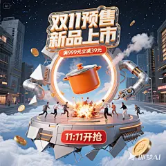 使用 C4D 进行 3D 建模渲染，制作一张双 11 锅具新品预售电商海报。蓝天白云、添加破碎的几何图形、烟雾等元素。构建一个科技感十足的工业风场景，整体色调以银灰色和橙色为主。搭建一个类似科技传送装
