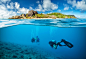 General 9000x6205 landscape scuba underwater coral wetsuit blurred diving suits island Pacific Ocean summer split view