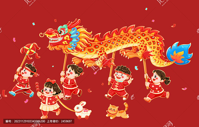 中国风喜庆春节新年舞龙福娃