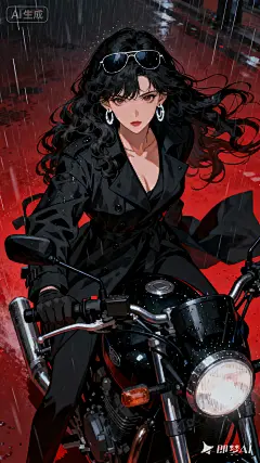 jimeng-2025-09-28-3790-黑暗风格插画，古早动漫风格，暗红色背景，华丽的画风，黑色长波浪卷发美艳女性，风吹