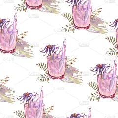 水杯、树枝、花朵和彩色铅笔技法的抽象污渍的无缝图案。手绘。