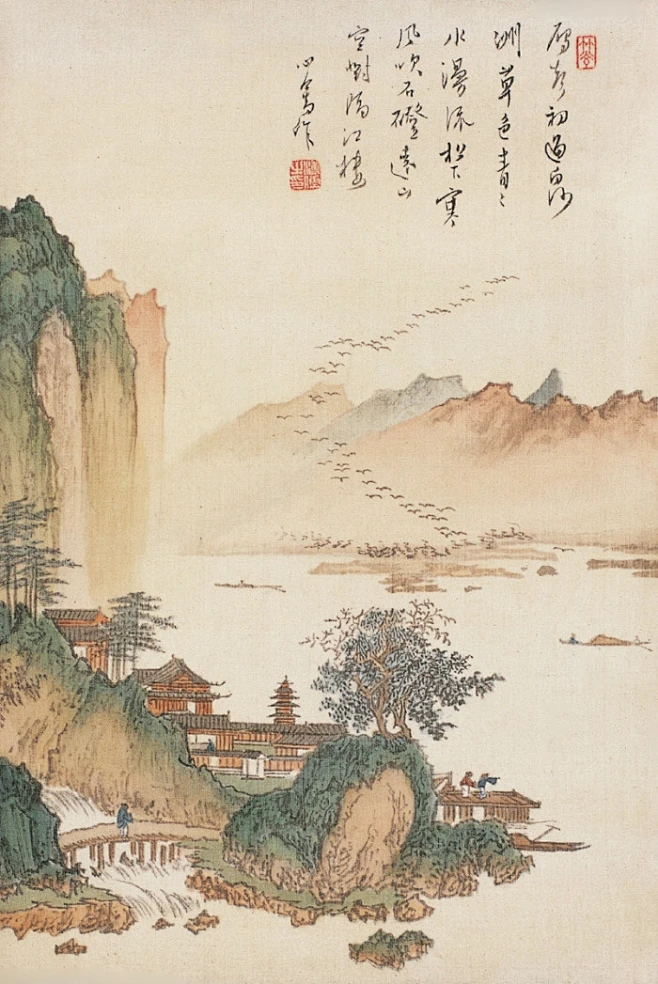 雁声初过白沙洲，草色青青水漫流。松下寒风吹石磴，远山空对隔江楼。
【溥心畲作品】