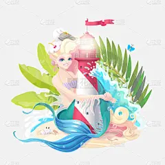 海洋,卡通,可爱的,复叶,船,品牌名称,波浪,构图,绘制,花